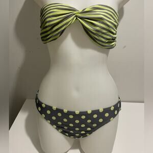 Hot Water Brand Neon Yellow & Gray 2 Piece Bikini Set Strapless Stripes & Dots